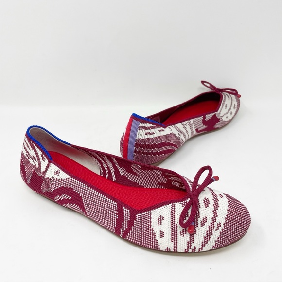 Rothy's Botanical Burgundy Bow Back Stripe Flats Red White Pattern Ballet Women - Picture 4 of 7
